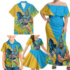Gold Coast Titans Family Matching Off Shoulder Maxi Dress and Hawaiian Shirt Golden Wattle Floral Polynesian - Australian Flower - Rugby Mascot