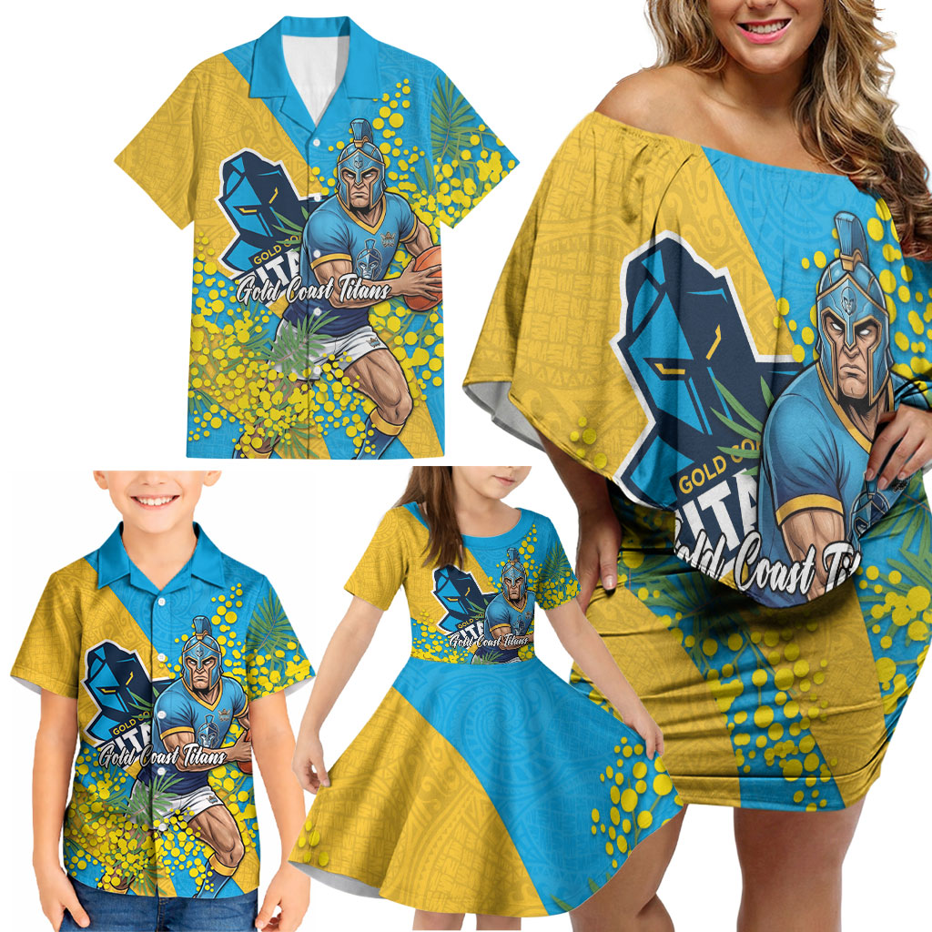 Gold Coast Titans Family Matching Off Shoulder Short Dress and Hawaiian Shirt Golden Wattle Floral Polynesian - Australian Flower - Rugby Mascot