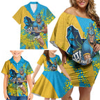 Gold Coast Titans Family Matching Off Shoulder Short Dress and Hawaiian Shirt Golden Wattle Floral Polynesian - Australian Flower - Rugby Mascot