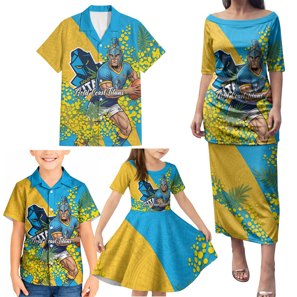 Gold Coast Titans Family Matching Puletasi and Hawaiian Shirt Golden Wattle Floral Polynesian - Australian Flower - Rugby Mascot
