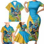 Gold Coast Titans Family Matching Short Sleeve Bodycon Dress and Hawaiian Shirt Golden Wattle Floral Polynesian - Australian Flower - Rugby Mascot