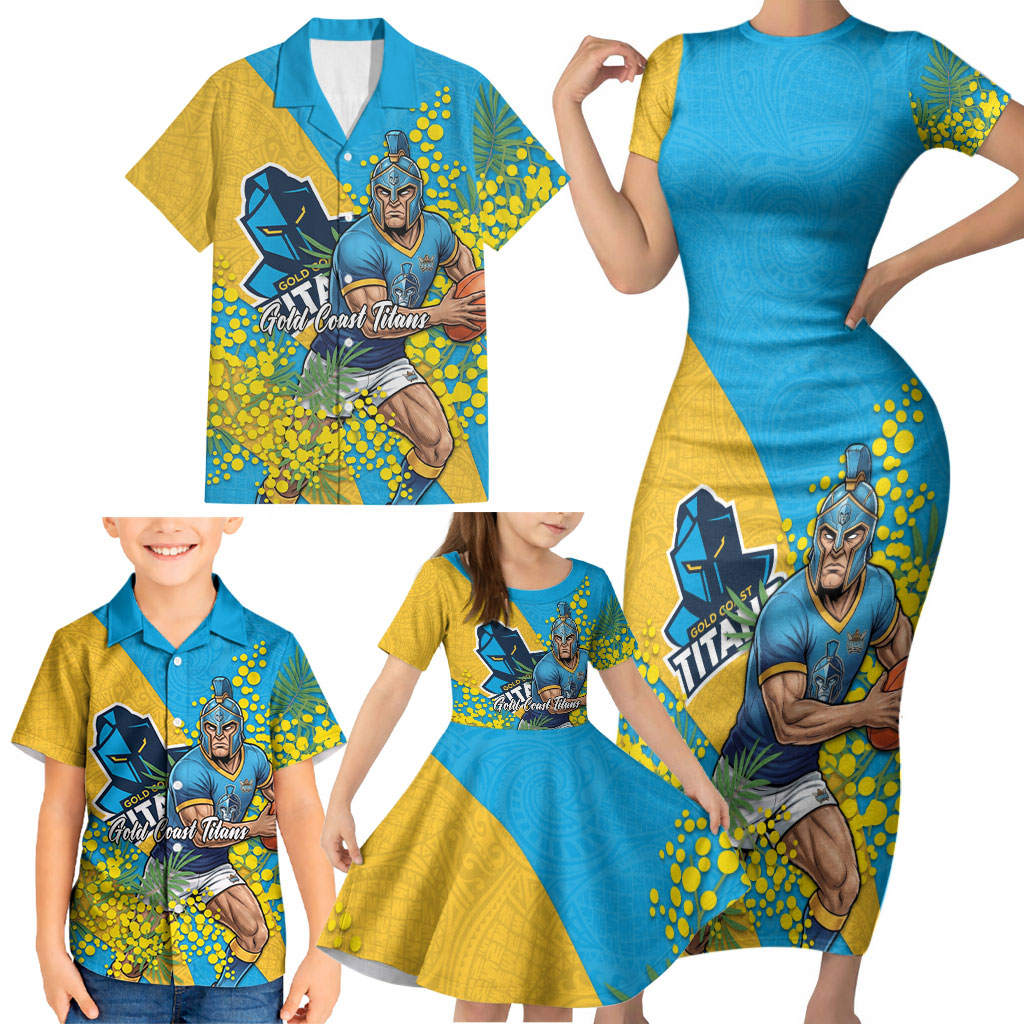 Gold Coast Titans Family Matching Short Sleeve Bodycon Dress and Hawaiian Shirt Golden Wattle Floral Polynesian - Australian Flower - Rugby Mascot