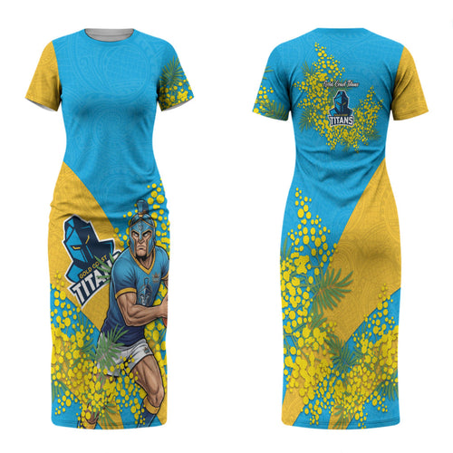 Gold Coast Titans Family Matching Short Sleeve Bodycon Dress and Hawaiian Shirt Golden Wattle Floral Polynesian - Australian Flower - Rugby Mascot