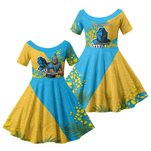 Gold Coast Titans Family Matching Short Sleeve Bodycon Dress and Hawaiian Shirt Golden Wattle Floral Polynesian - Australian Flower - Rugby Mascot