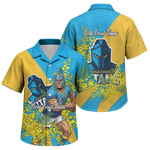 Gold Coast Titans Family Matching Short Sleeve Bodycon Dress and Hawaiian Shirt Golden Wattle Floral Polynesian - Australian Flower - Rugby Mascot