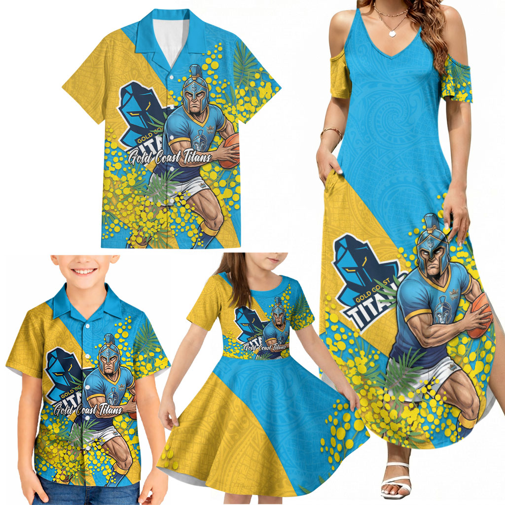 Gold Coast Titans Family Matching Summer Maxi Dress and Hawaiian Shirt Golden Wattle Floral Polynesian - Australian Flower - Rugby Mascot