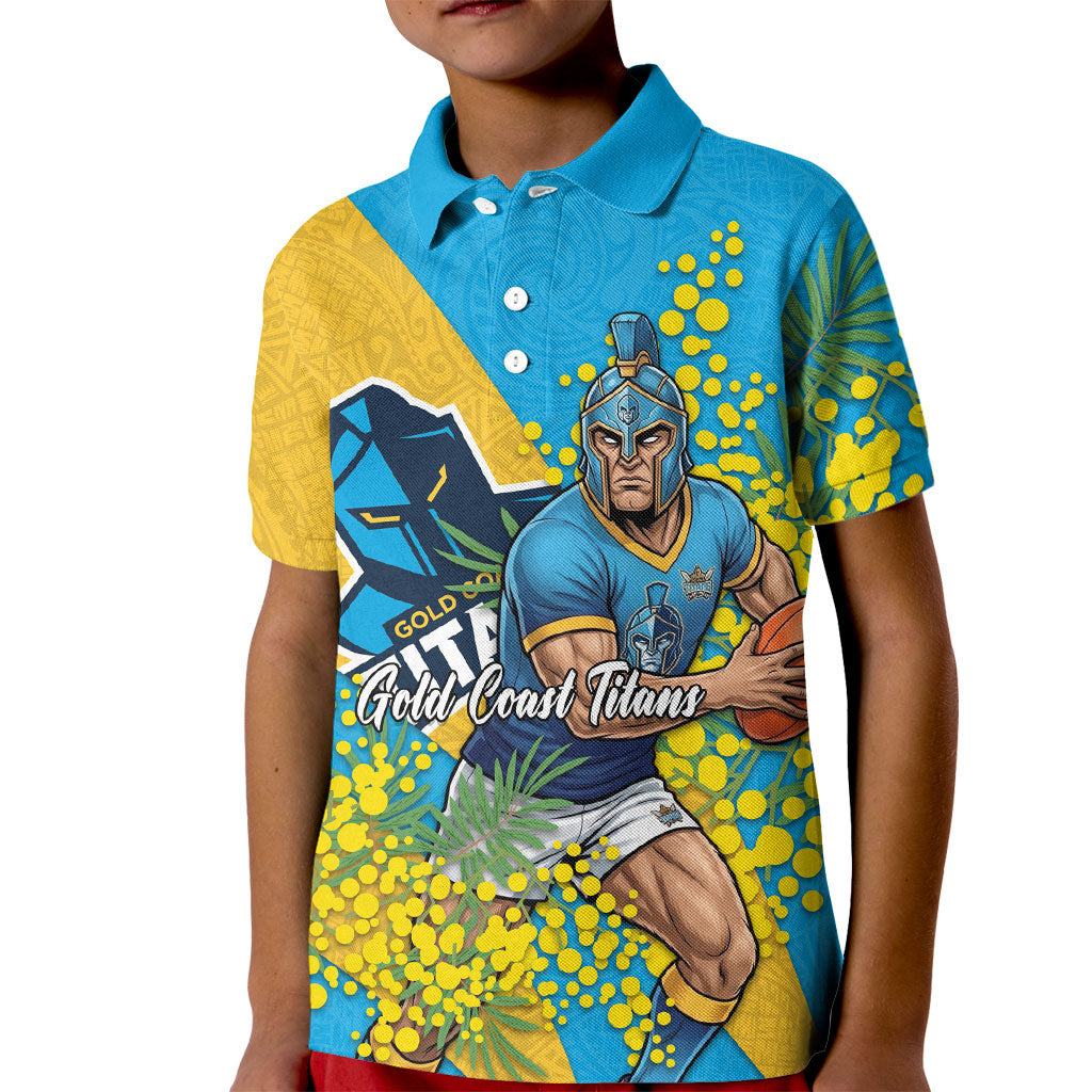 Gold Coast Titans Kid Polo Shirt Golden Wattle Floral Polynesian - Australian Flower - Rugby Mascot