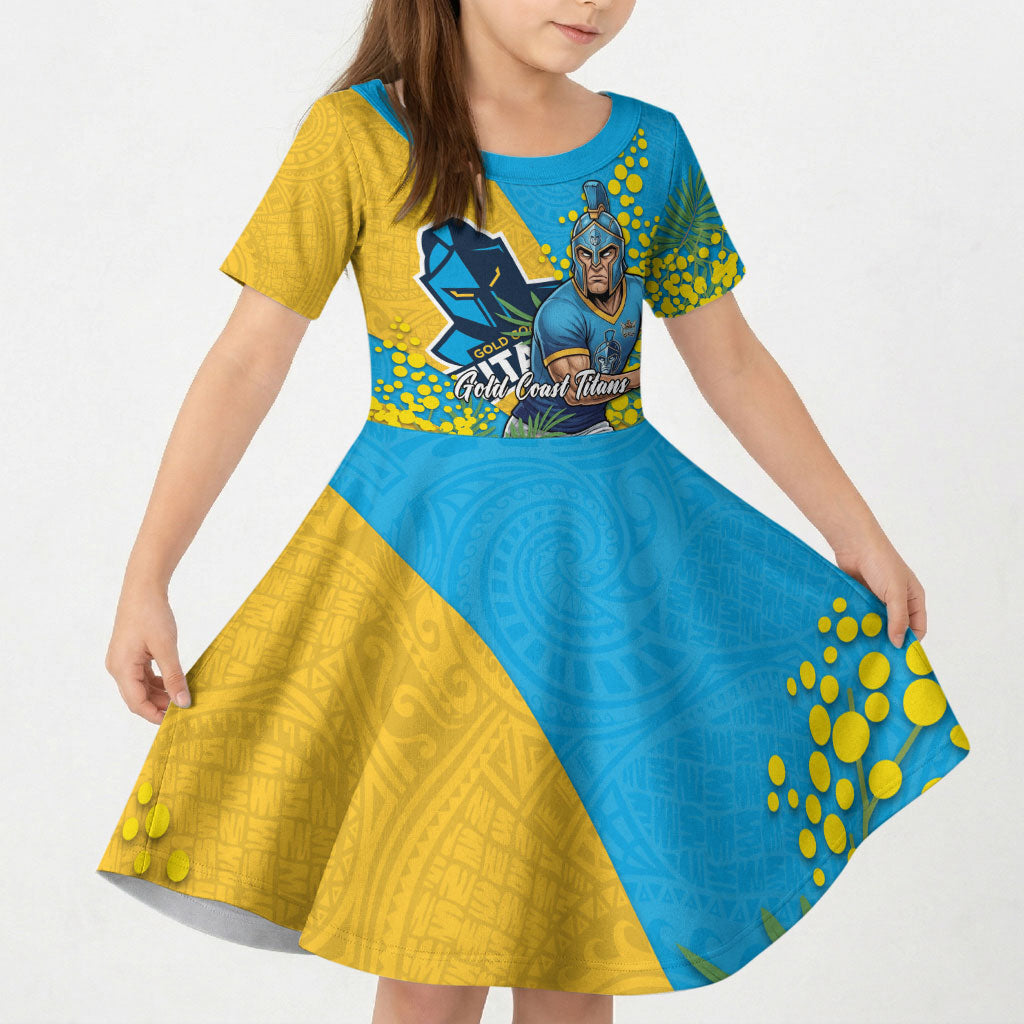 Gold Coast Titans Kid Short Sleeve Dress Golden Wattle Floral Polynesian - Australian Flower - Rugby Mascot