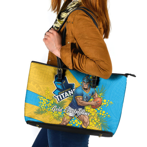 Gold Coast Titans Leather Tote Bag Golden Wattle Floral Polynesian - Australian Flower - Rugby Mascot