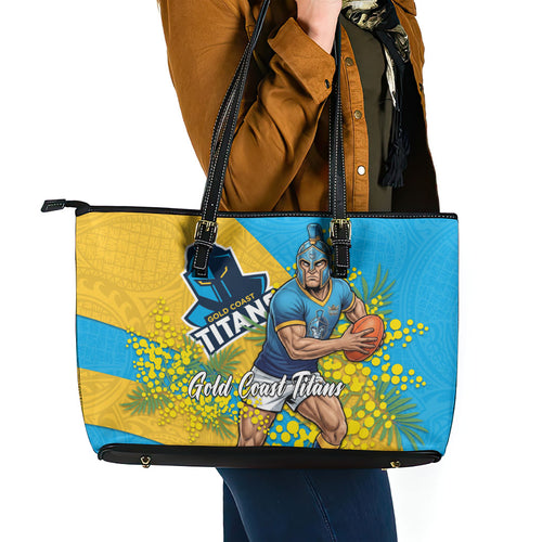 Gold Coast Titans Leather Tote Bag Golden Wattle Floral Polynesian - Australian Flower - Rugby Mascot