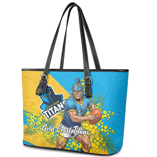 Gold Coast Titans Leather Tote Bag Golden Wattle Floral Polynesian - Australian Flower - Rugby Mascot