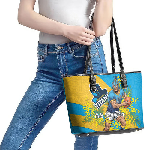 Gold Coast Titans Leather Tote Bag Golden Wattle Floral Polynesian - Australian Flower - Rugby Mascot