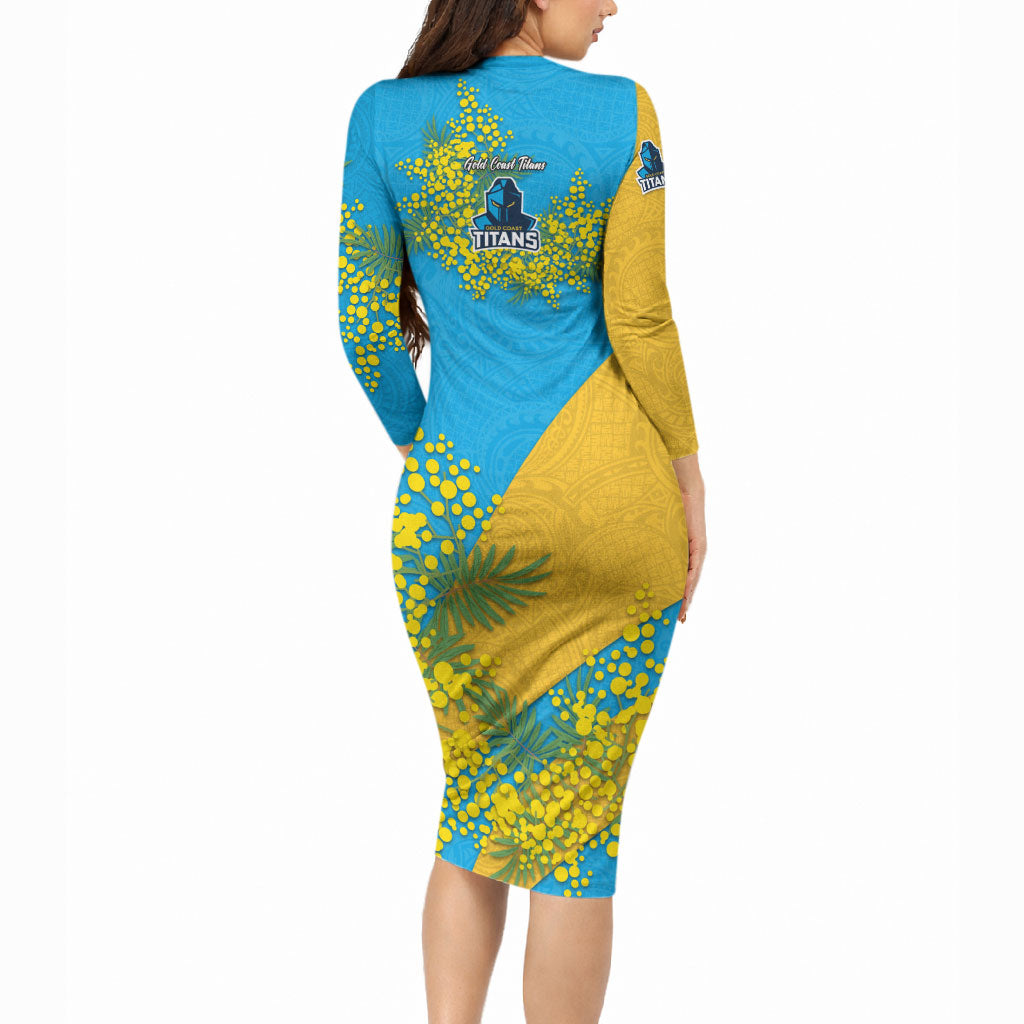 Gold Coast Titans Long Sleeve Bodycon Dress Golden Wattle Floral Polynesian - Australian Flower - Rugby Mascot