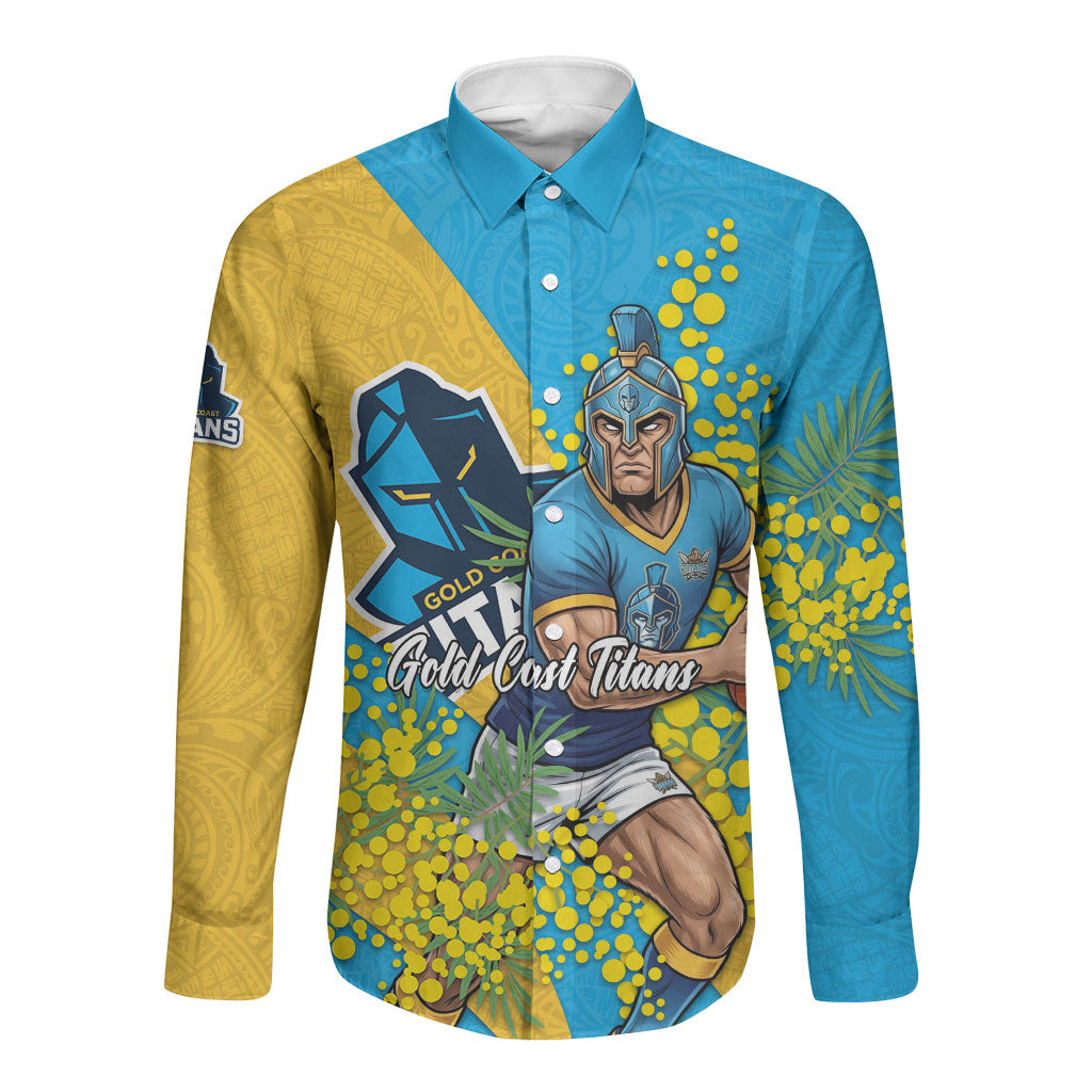 Gold Coast Titans Long Sleeve Button Shirt Golden Wattle Floral Polynesian - Australian Flower - Rugby Mascot