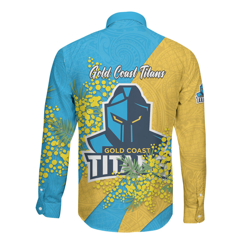 Gold Coast Titans Long Sleeve Button Shirt Golden Wattle Floral Polynesian - Australian Flower - Rugby Mascot