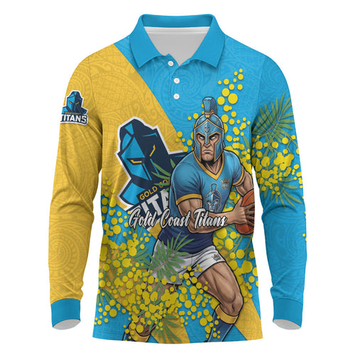 Gold Coast Titans Long Sleeve Polo Shirt Golden Wattle Floral Polynesian - Australian Flower - Rugby Mascot