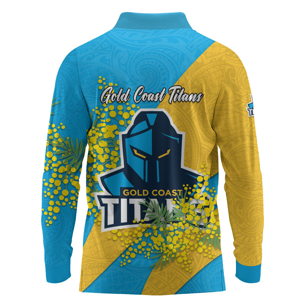 Gold Coast Titans Long Sleeve Polo Shirt Golden Wattle Floral Polynesian - Australian Flower - Rugby Mascot