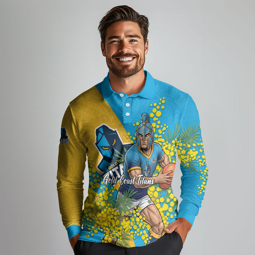 Gold Coast Titans Long Sleeve Polo Shirt Golden Wattle Floral Polynesian - Australian Flower - Rugby Mascot