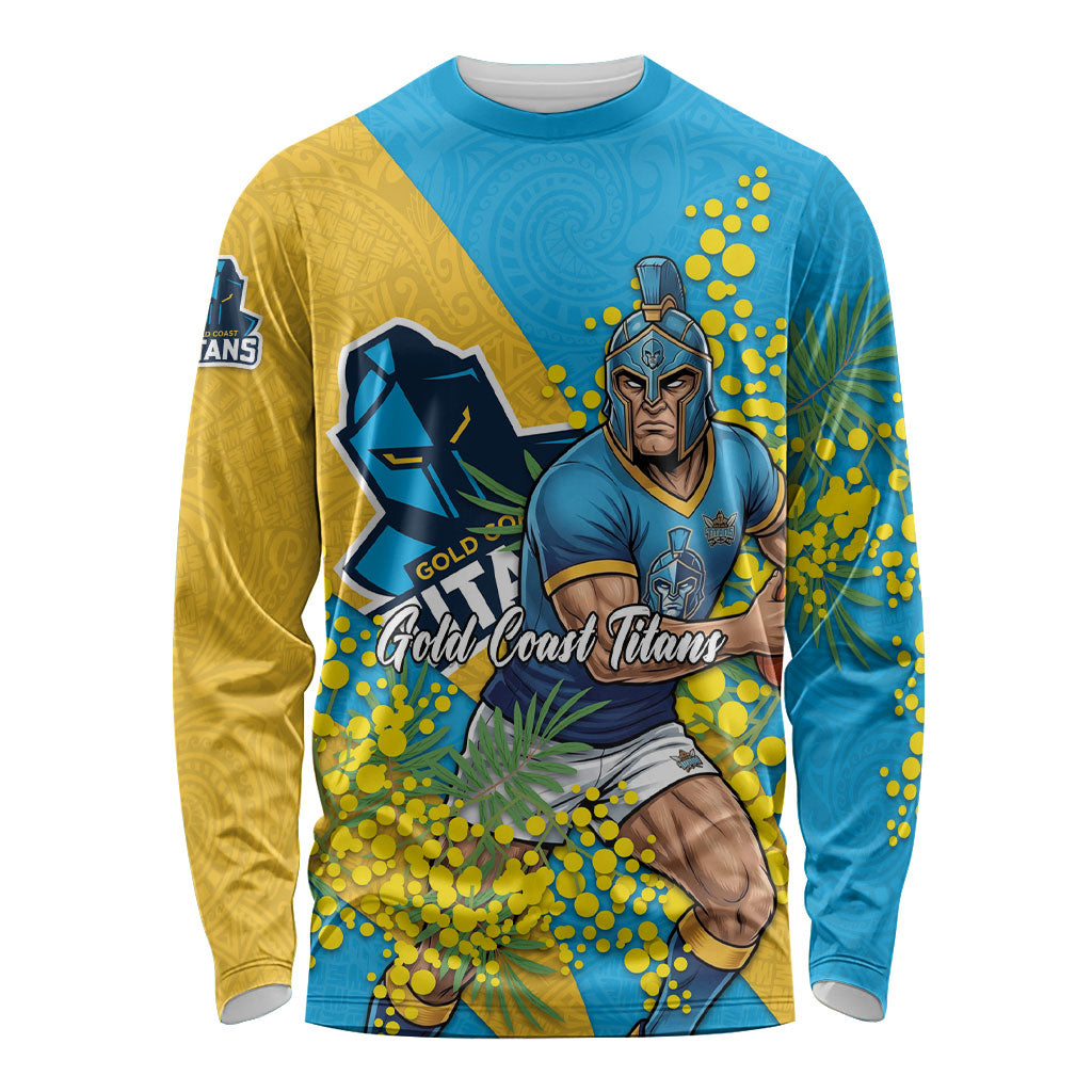 Gold Coast Titans Long Sleeve Shirt Golden Wattle Floral Polynesian - Australian Flower - Rugby Mascot
