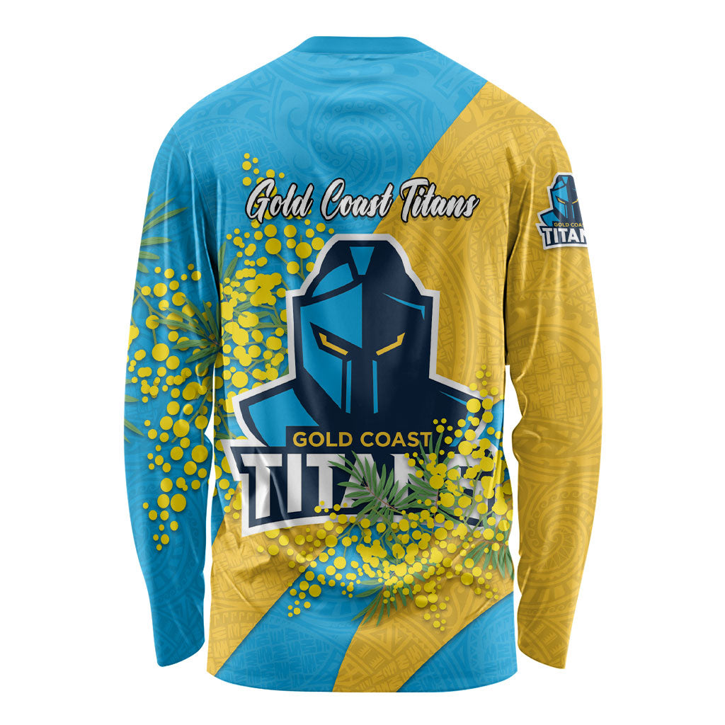 Gold Coast Titans Long Sleeve Shirt Golden Wattle Floral Polynesian - Australian Flower - Rugby Mascot