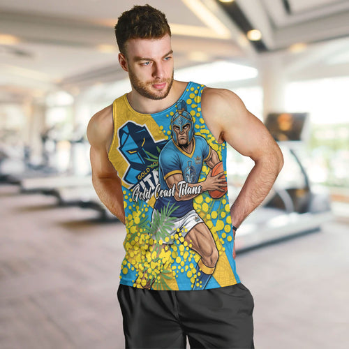 Gold Coast Titans Men Tank Top Golden Wattle Floral Polynesian - Australian Flower - Rugby Mascot