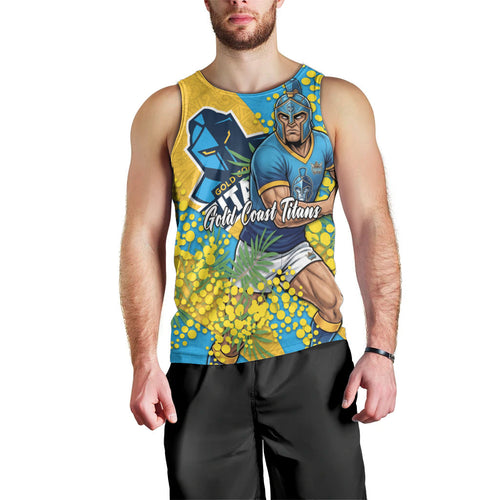 Gold Coast Titans Men Tank Top Golden Wattle Floral Polynesian - Australian Flower - Rugby Mascot