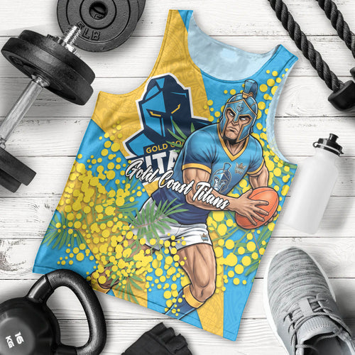 Gold Coast Titans Men Tank Top Golden Wattle Floral Polynesian - Australian Flower - Rugby Mascot