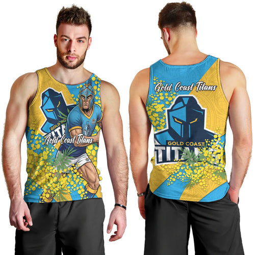 Gold Coast Titans Men Tank Top Golden Wattle Floral Polynesian - Australian Flower - Rugby Mascot