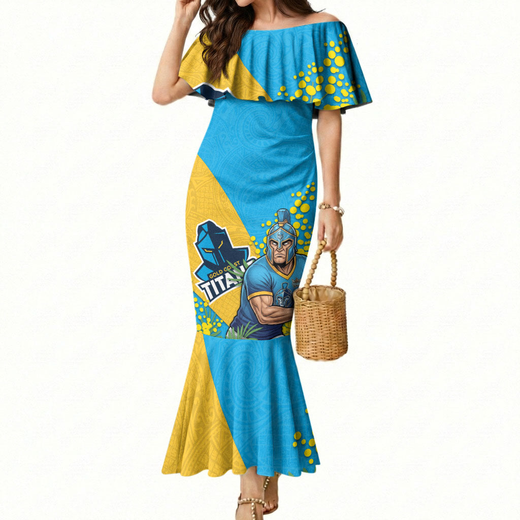 Gold Coast Titans Mermaid Dress Golden Wattle Floral Polynesian - Australian Flower - Rugby Mascot
