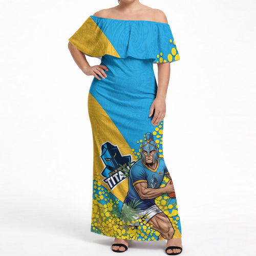 Gold Coast Titans Off Shoulder Maxi Dress Golden Wattle Floral Polynesian - Australian Flower - Rugby Mascot