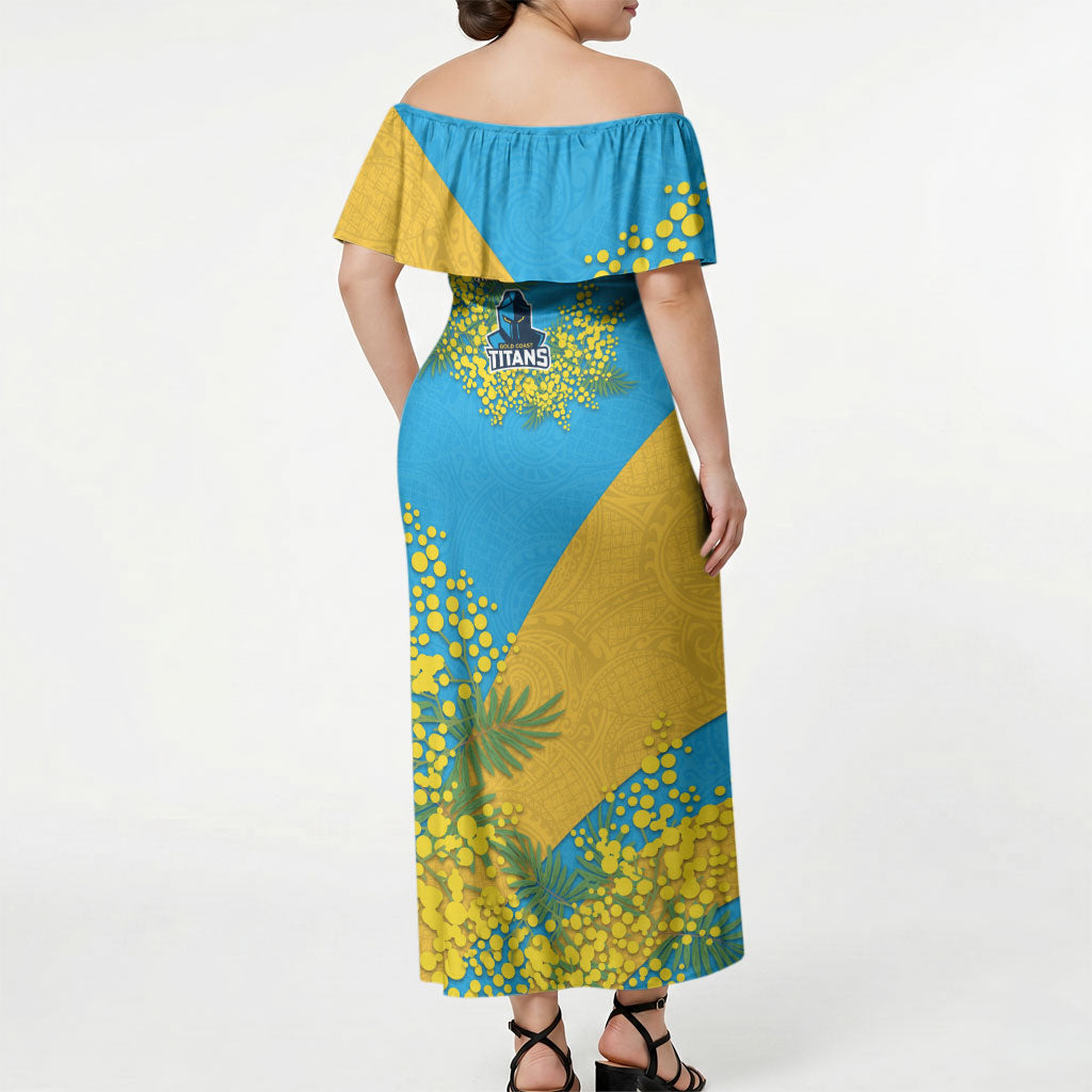 Gold Coast Titans Off Shoulder Maxi Dress Golden Wattle Floral Polynesian - Australian Flower - Rugby Mascot