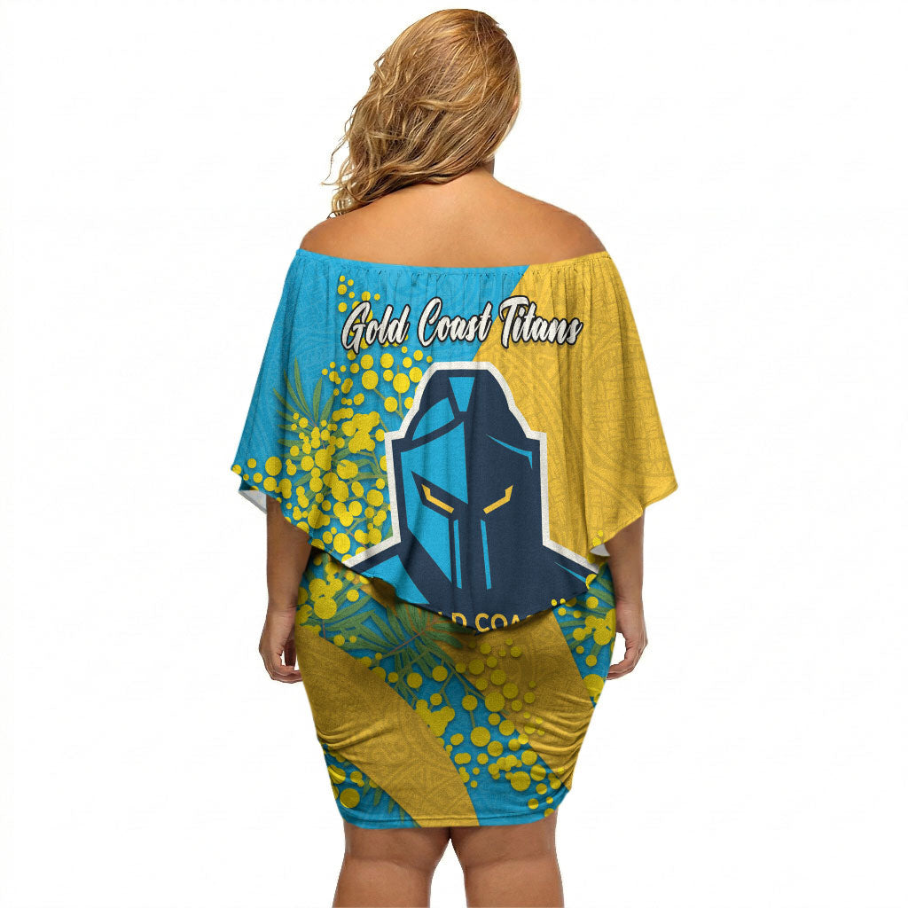 Gold Coast Titans Off Shoulder Short Dress Golden Wattle Floral Polynesian - Australian Flower - Rugby Mascot