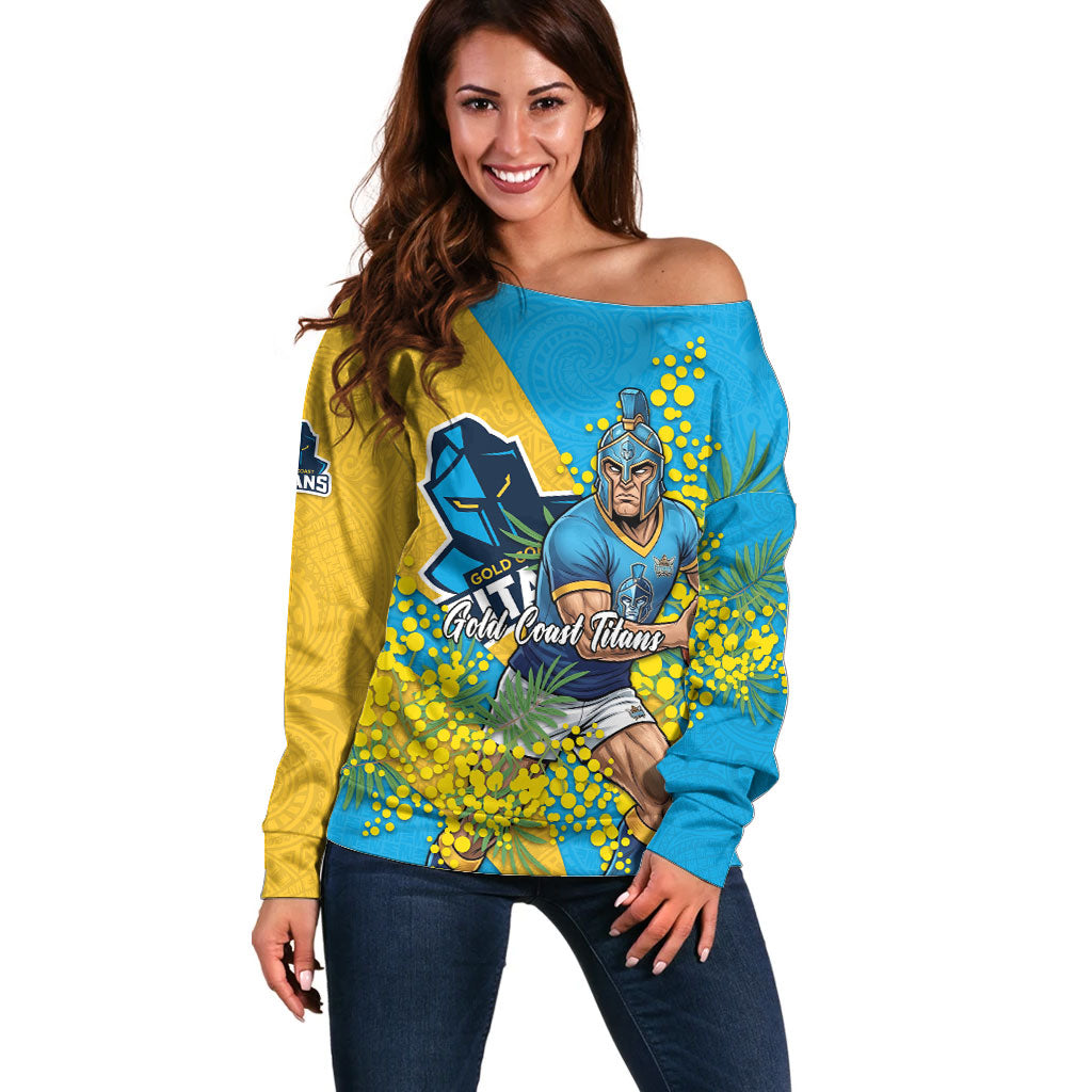 Gold Coast Titans Off Shoulder Sweater Golden Wattle Floral Polynesian - Australian Flower - Rugby Mascot