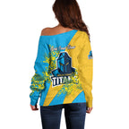 Gold Coast Titans Off Shoulder Sweater Golden Wattle Floral Polynesian - Australian Flower - Rugby Mascot