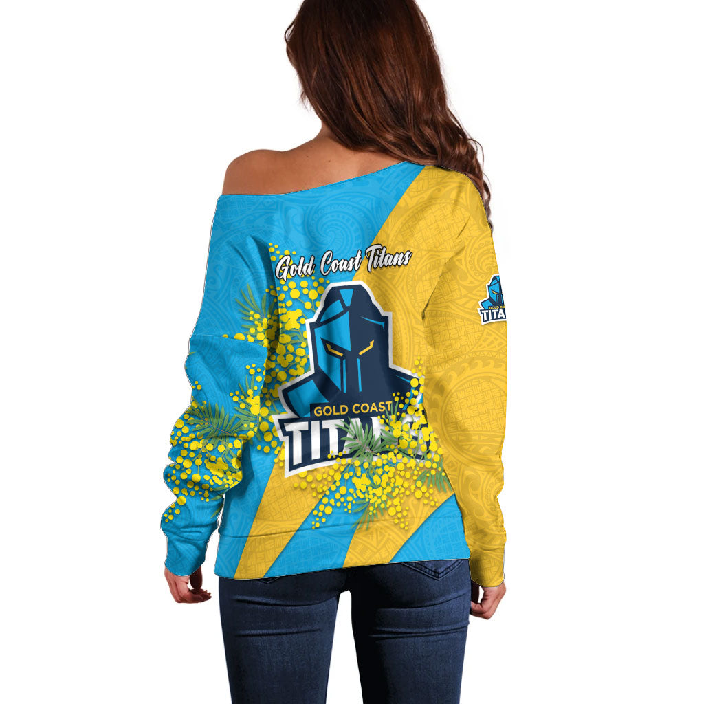 Gold Coast Titans Off Shoulder Sweater Golden Wattle Floral Polynesian - Australian Flower - Rugby Mascot