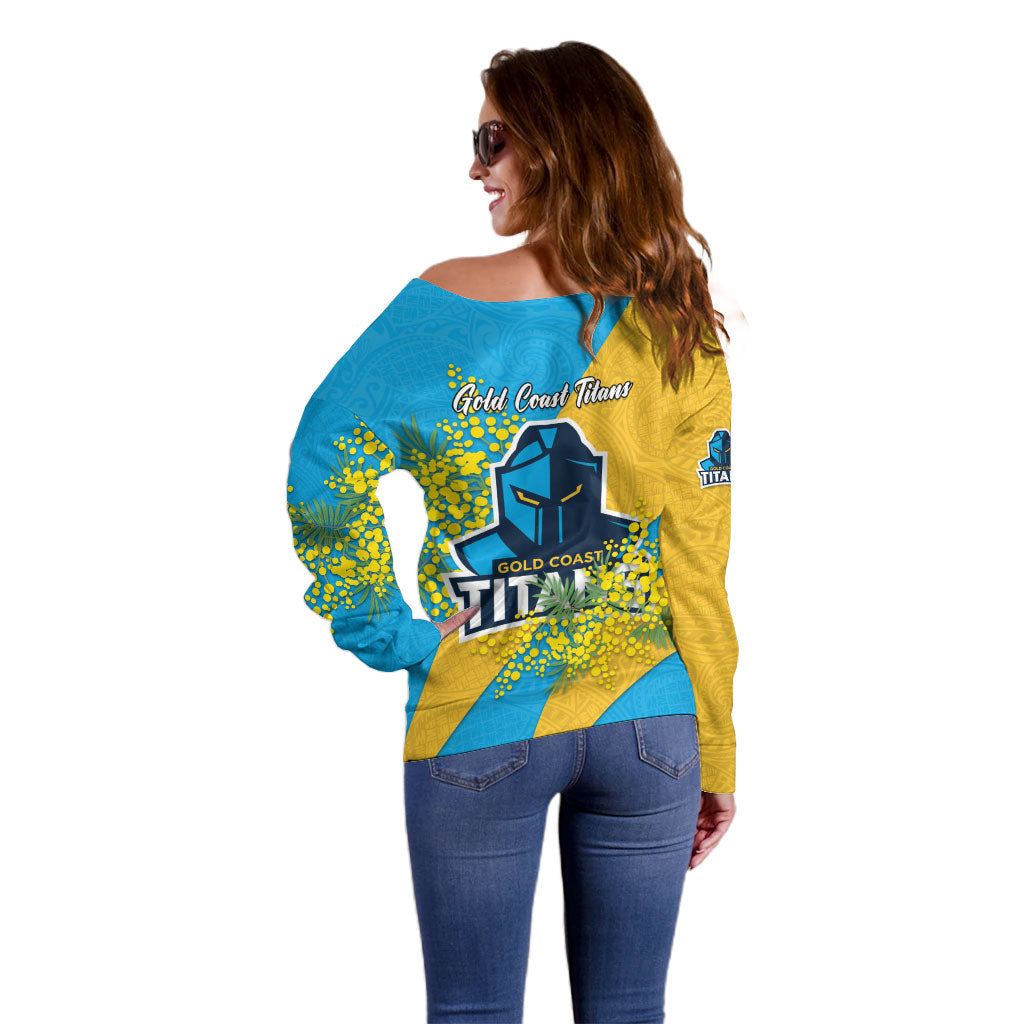 Gold Coast Titans Off Shoulder Sweater Golden Wattle Floral Polynesian - Australian Flower - Rugby Mascot