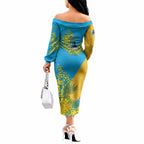 Gold Coast Titans Off The Shoulder Long Sleeve Dress Golden Wattle Floral Polynesian - Australian Flower - Rugby Mascot