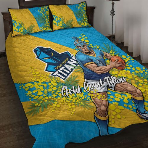 Gold Coast Titans Quilt Bed Set Golden Wattle Floral Polynesian - Australian Flower - Rugby Mascot