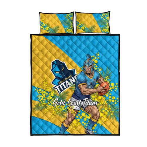 Gold Coast Titans Quilt Bed Set Golden Wattle Floral Polynesian - Australian Flower - Rugby Mascot