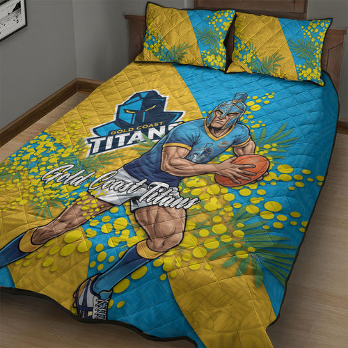 Gold Coast Titans Quilt Bed Set Golden Wattle Floral Polynesian - Australian Flower - Rugby Mascot