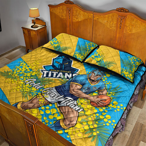 Gold Coast Titans Quilt Bed Set Golden Wattle Floral Polynesian - Australian Flower - Rugby Mascot