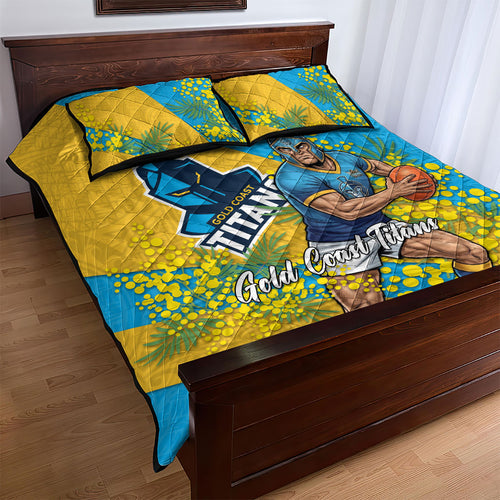 Gold Coast Titans Quilt Bed Set Golden Wattle Floral Polynesian - Australian Flower - Rugby Mascot