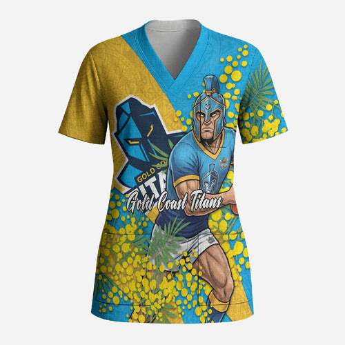 Gold Coast Titans Scrub Top Golden Wattle Floral Polynesian - Australian Flower - Rugby Mascot