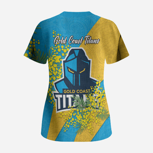 Gold Coast Titans Scrub Top Golden Wattle Floral Polynesian - Australian Flower - Rugby Mascot