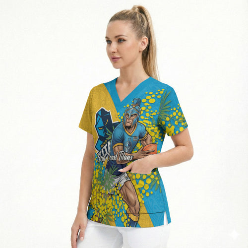 Gold Coast Titans Scrub Top Golden Wattle Floral Polynesian - Australian Flower - Rugby Mascot