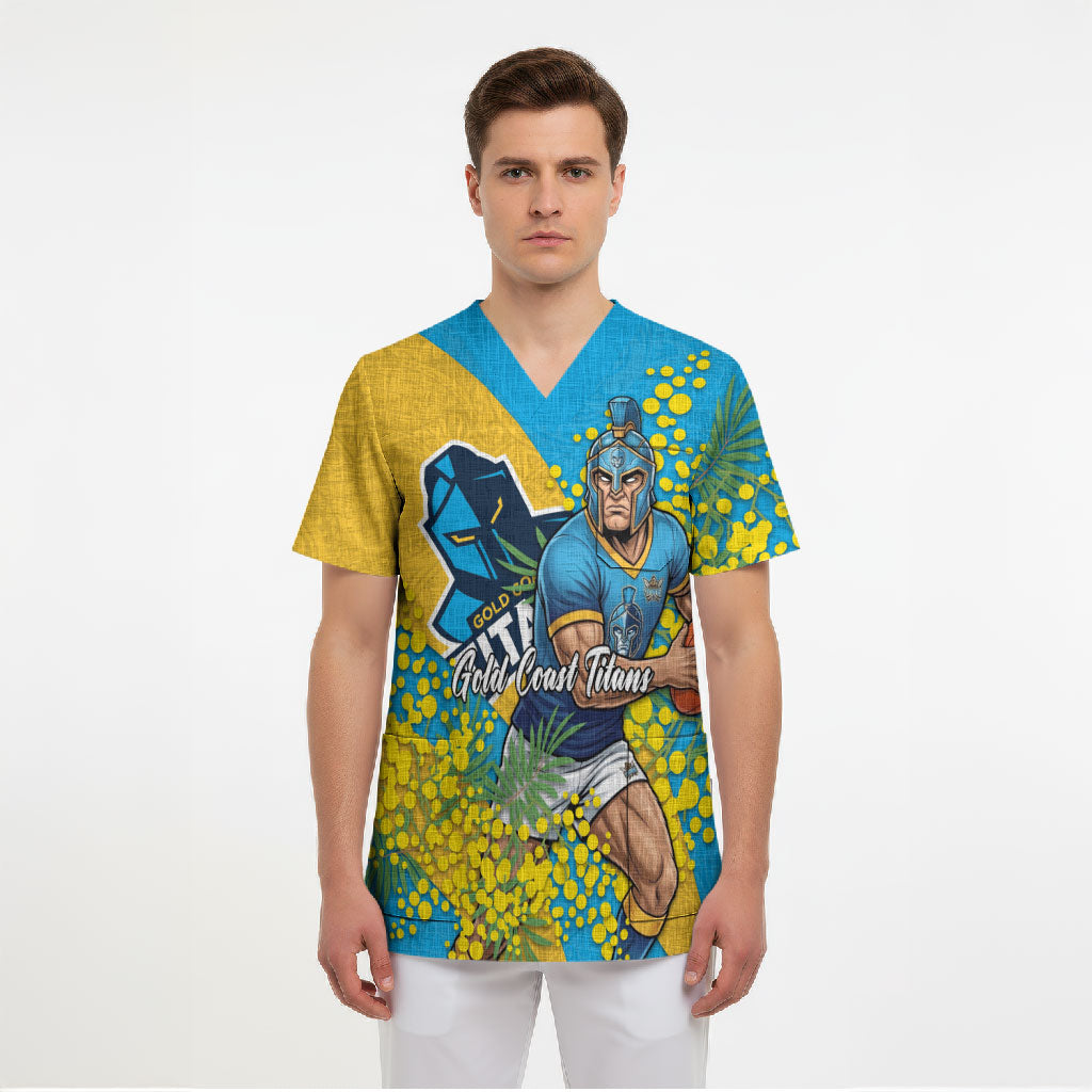Gold Coast Titans Scrub Top Golden Wattle Floral Polynesian - Australian Flower - Rugby Mascot