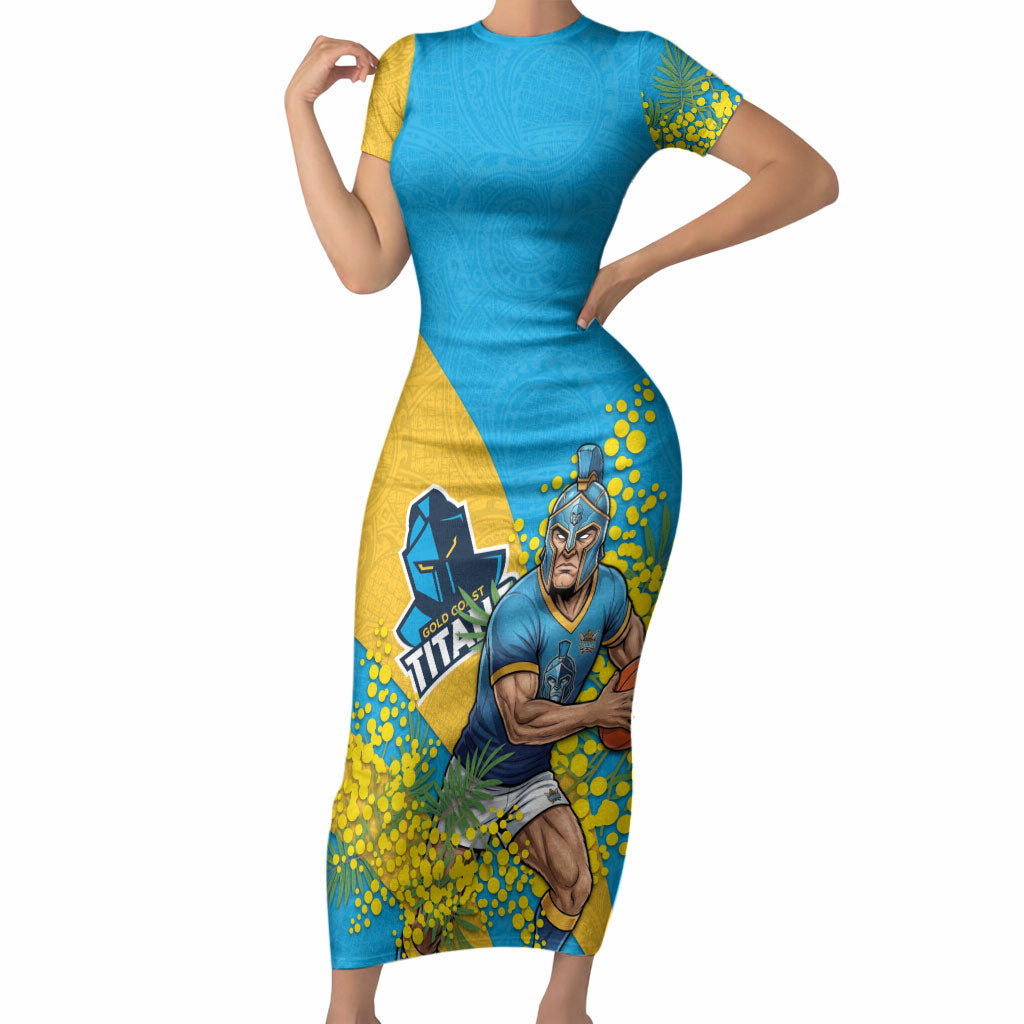 Gold Coast Titans Short Sleeve Bodycon Dress Golden Wattle Floral Polynesian - Australian Flower - Rugby Mascot