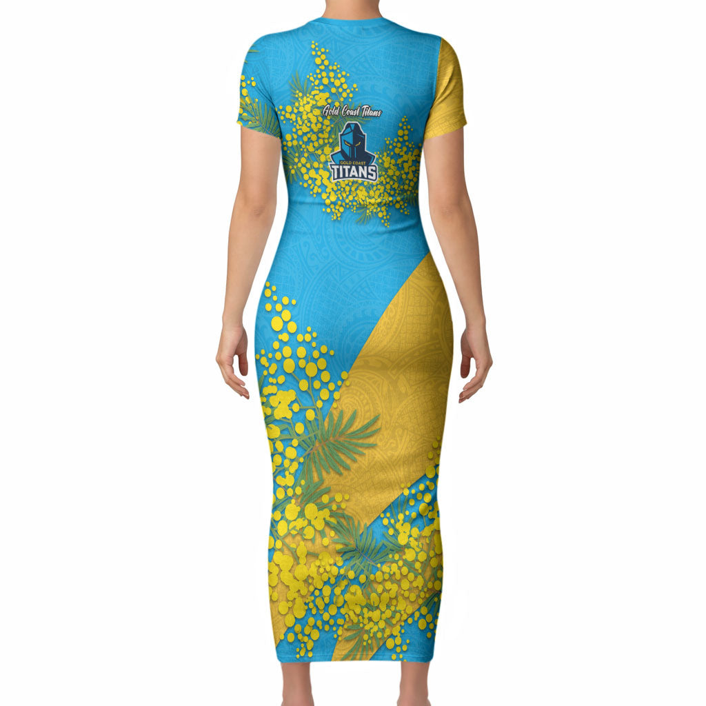 Gold Coast Titans Short Sleeve Bodycon Dress Golden Wattle Floral Polynesian - Australian Flower - Rugby Mascot