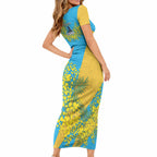 Gold Coast Titans Short Sleeve Bodycon Dress Golden Wattle Floral Polynesian - Australian Flower - Rugby Mascot