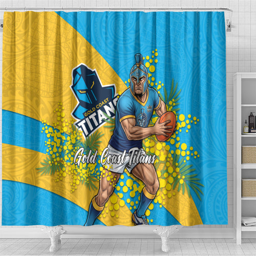 Gold Coast Titans Shower Curtain Golden Wattle Floral Polynesian - Australian Flower - Rugby Mascot